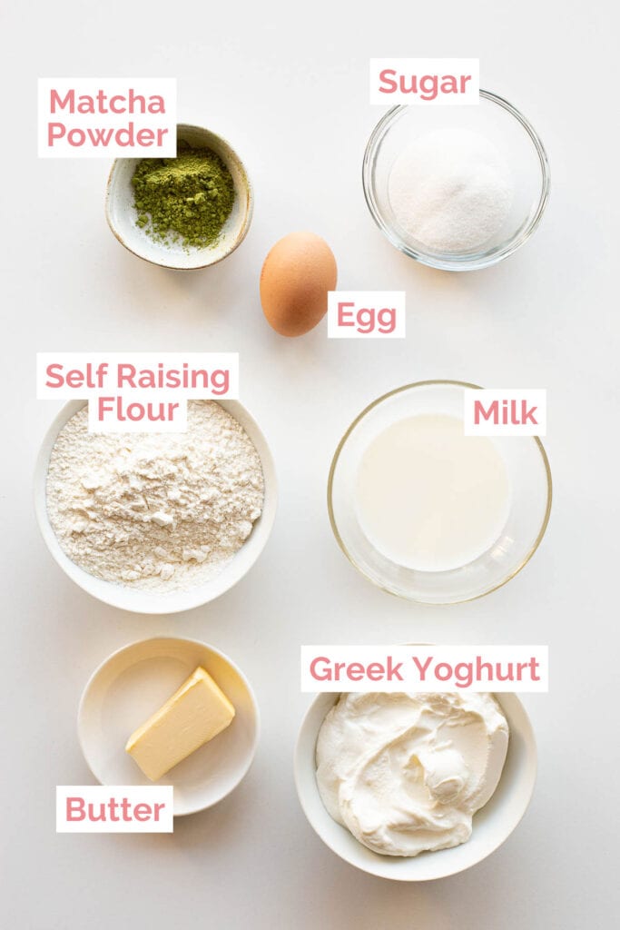 Ingredients laid out ready to make matcha greek yoghurt pancakes.