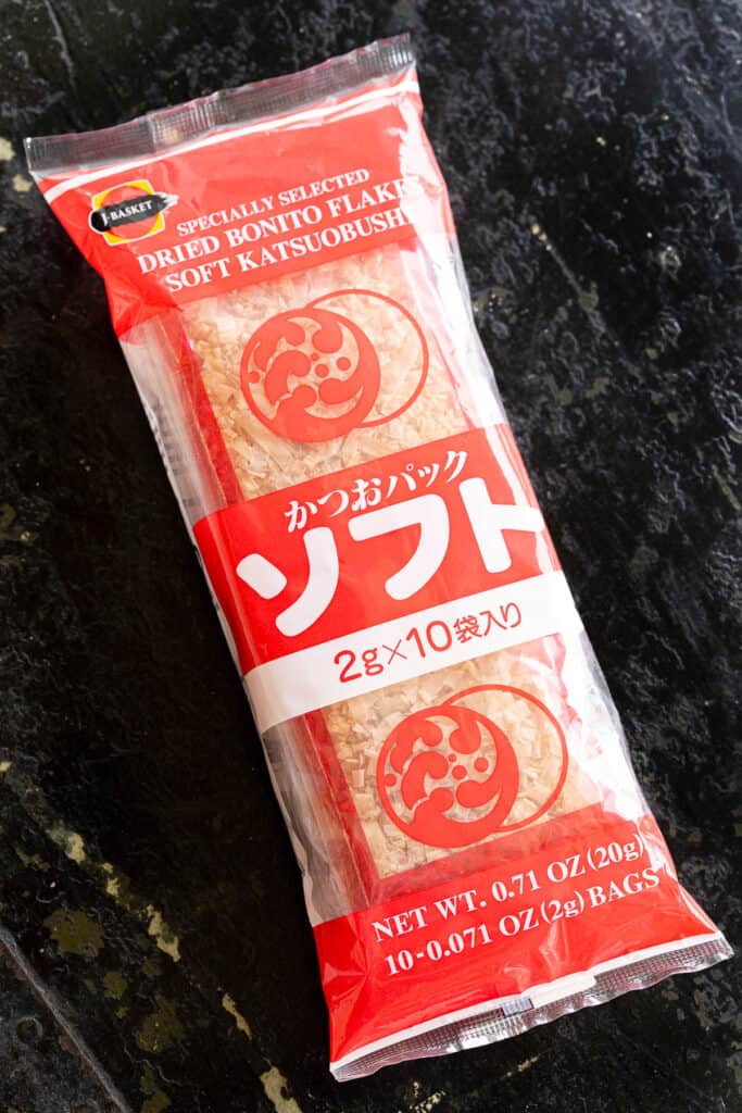 A packet of katsuobushi flakes from an Asian grocery store in Australia.