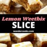 Weetbix slice with lemon buttercream in squares on a wooden board.