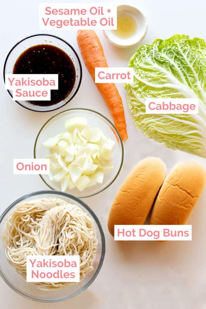 Ingredients laid out on a white background ready to make yakisoba pan.