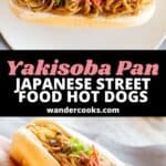 Yakisoba pan on a white plate, and another noodle stuffed hot dog bun being held by a hand.