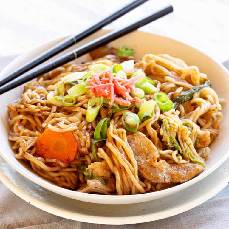 A bowl of yakisoba noodles with a set of chopsticks resting on the rim.