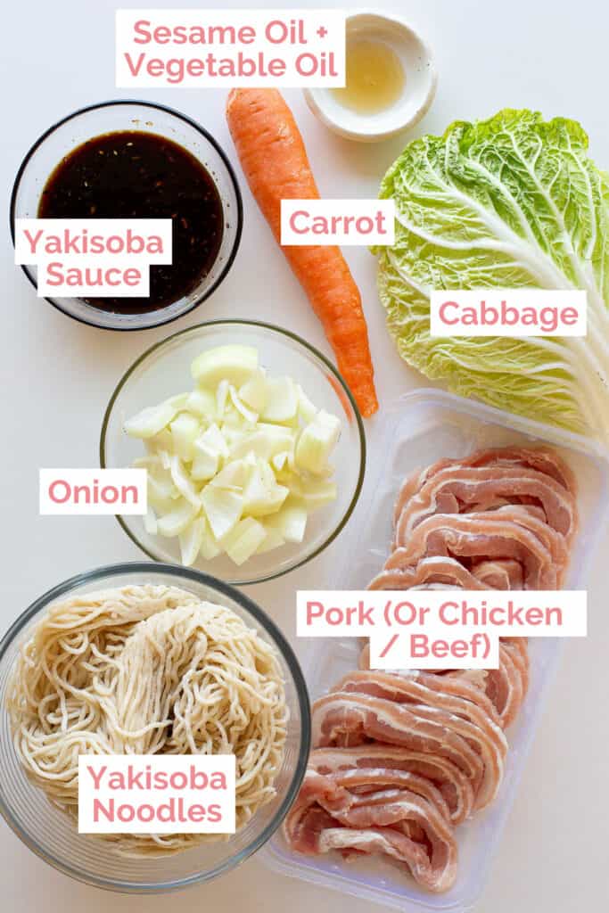 Ingredients laid out for yakisoba noodles.