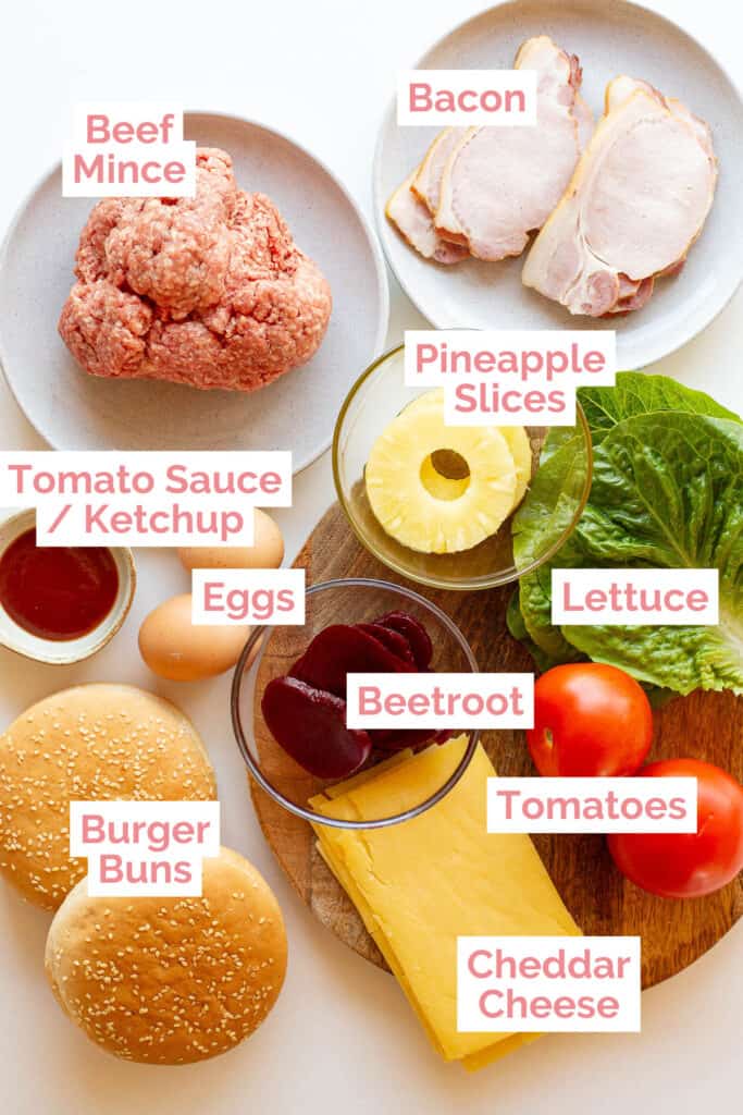 Ingredients laid out ready to make Aussie burgers.
