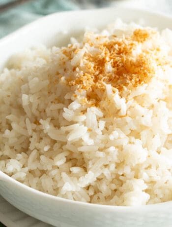 Light brown toasted coconut sits on a bowl of fluffy white rice.