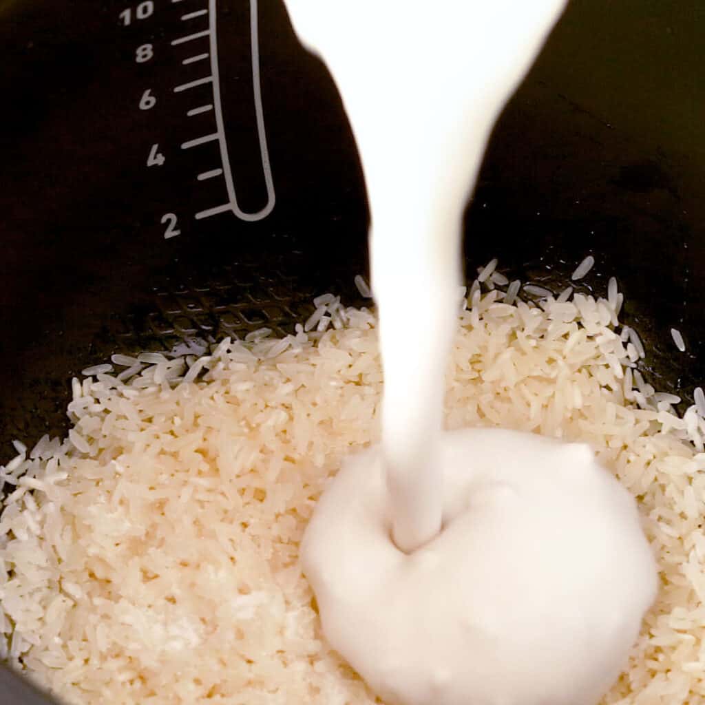 Coconut milk is poured over rice in a rice cooker.