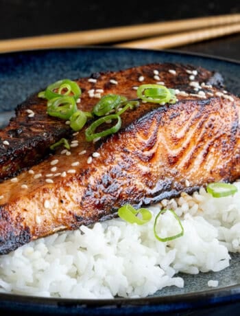 Miso glazed salmon sits on a bed of rice.