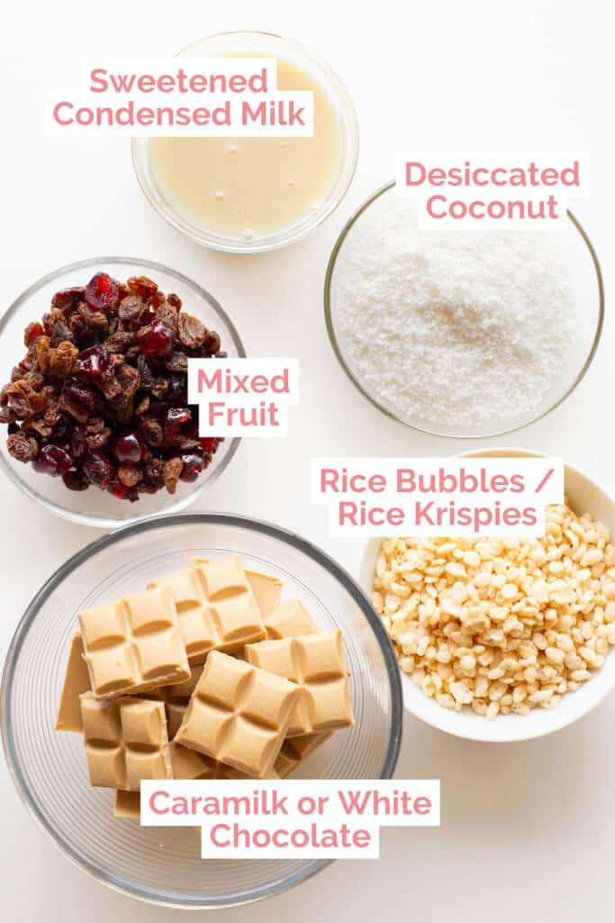 Ingredients laid out to make Caramilk white Christmas slice.