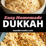 A hand dunks bread into dukkah and a bowl of dukkah with swirls in it.