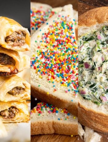 A triptych of sausage rolls, fairy bread and spinach cob loaf.