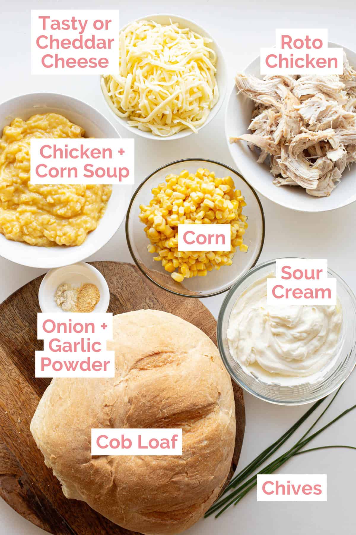 Ingredients laid out to make chicken and corn cob loaf.