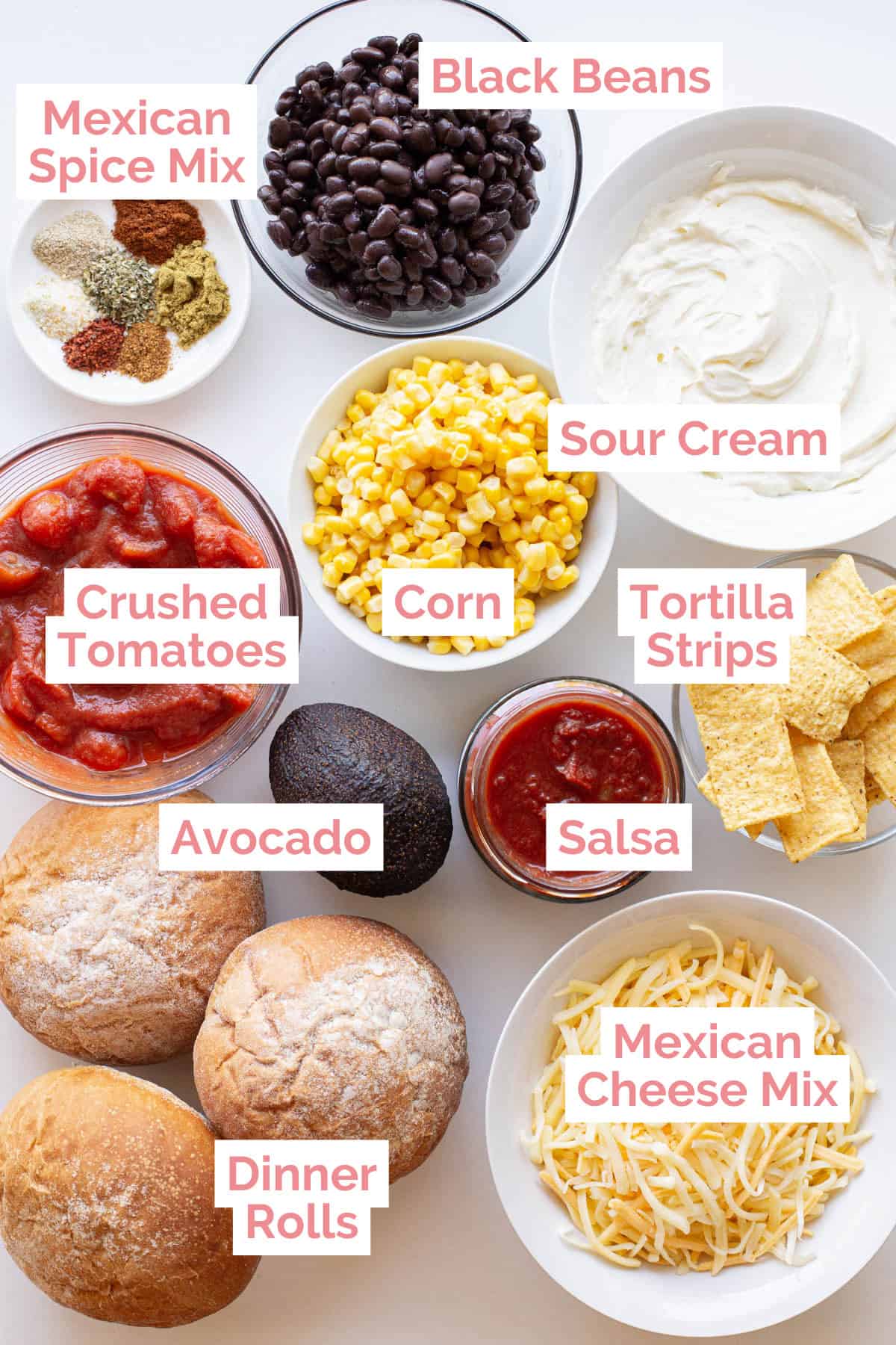 Ingredients laid out to make Mexican inspired cob loaf dips.