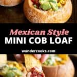 Three mini cob loaf dips on a tray and a hand dipping a chip into a Mexican bread bowl.