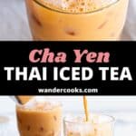 A glass of Thai iced tea and a jug pouring another glass of tea.
