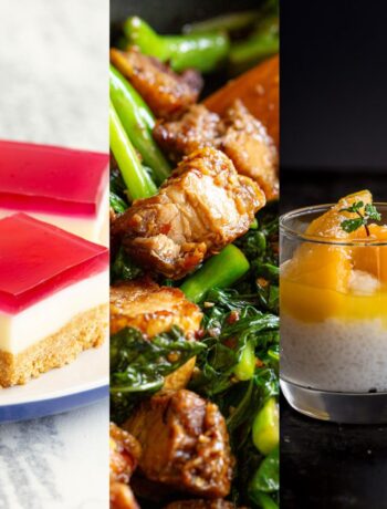 A collage of recipe images: Jelly slice, pork stir fry and sago pudding.