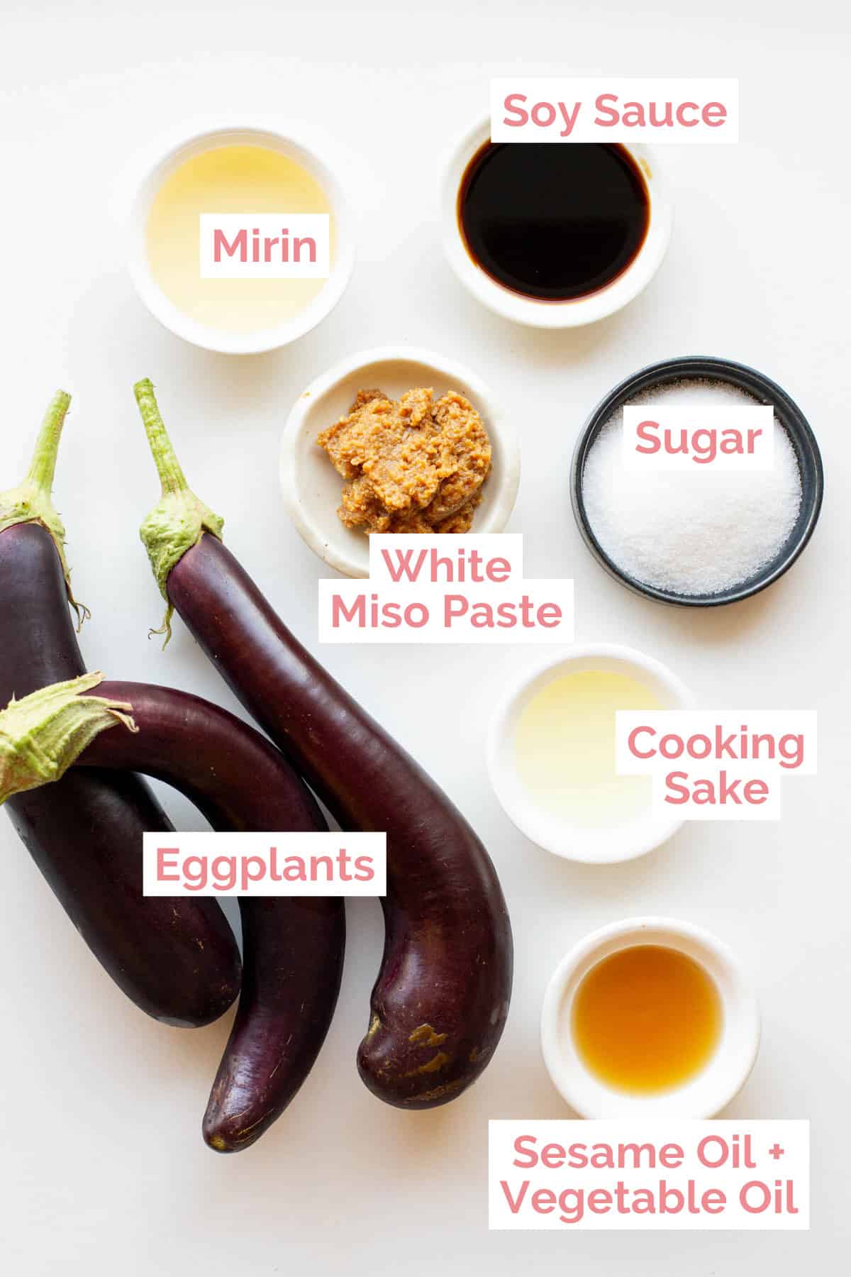 Ingredients laid out ready to make Japanese miso glazed eggplant.