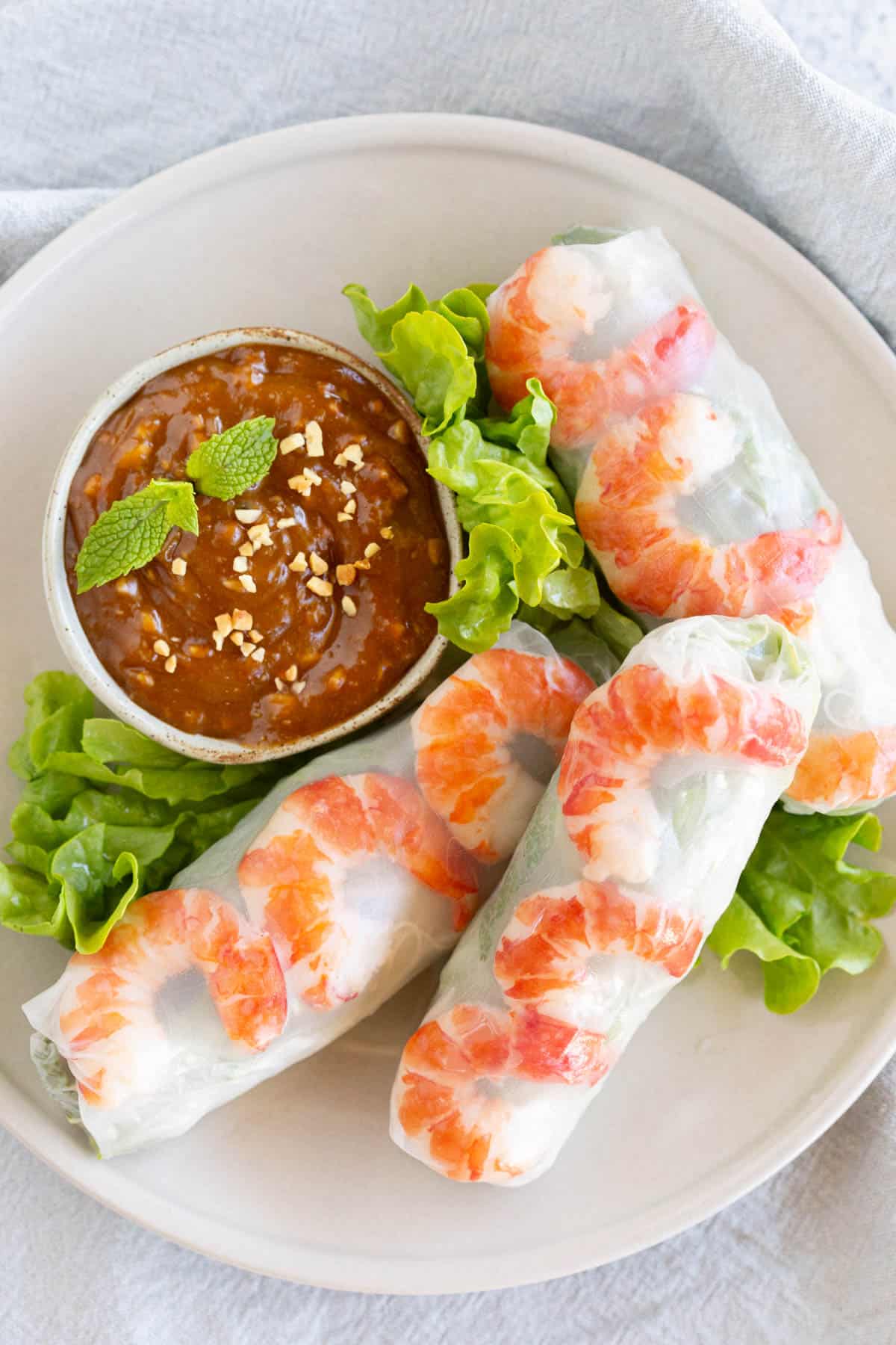 Rice paper rolls on a plate with peanut sauce.