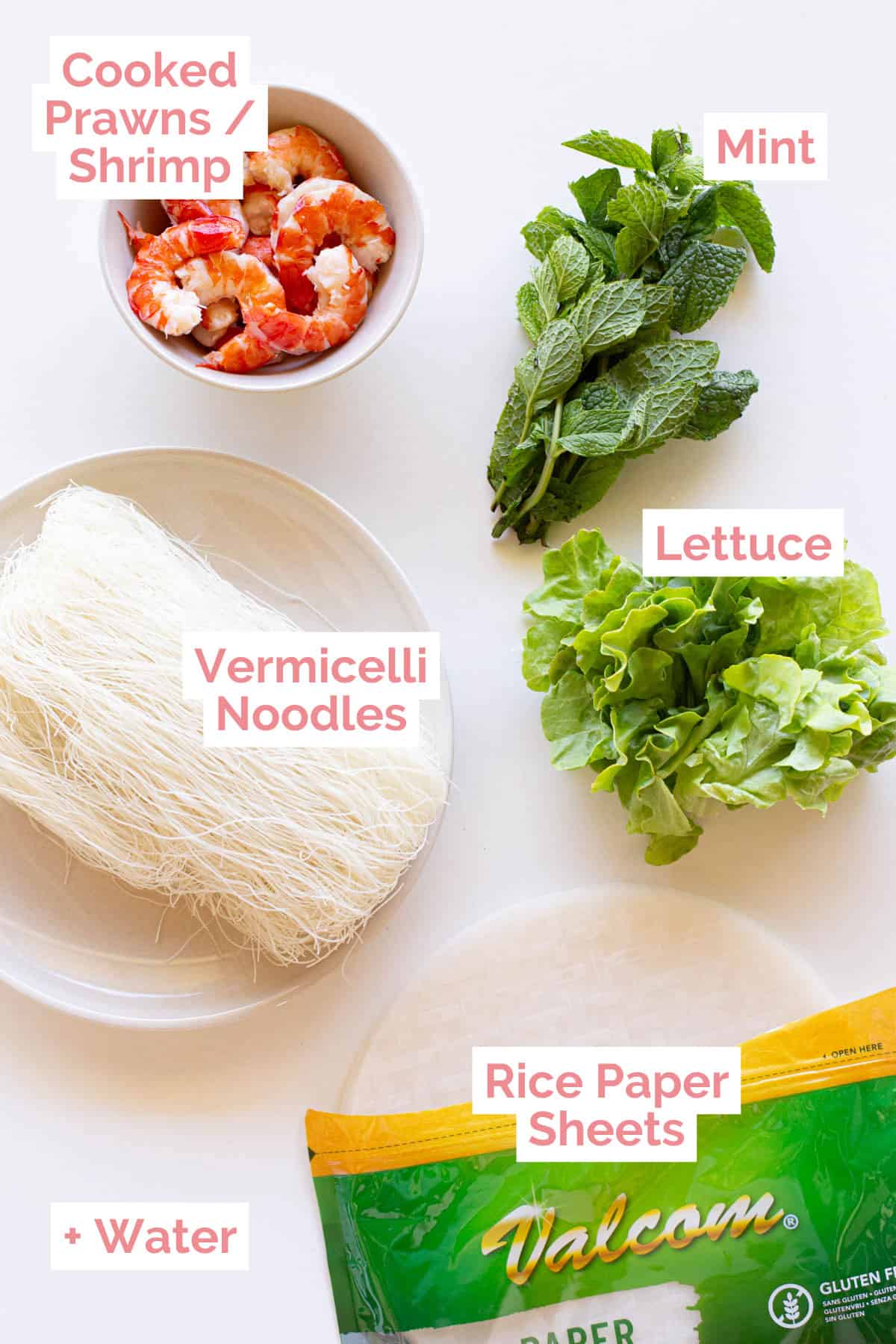 Ingredients laid out for Vietnamese rice paper rolls.