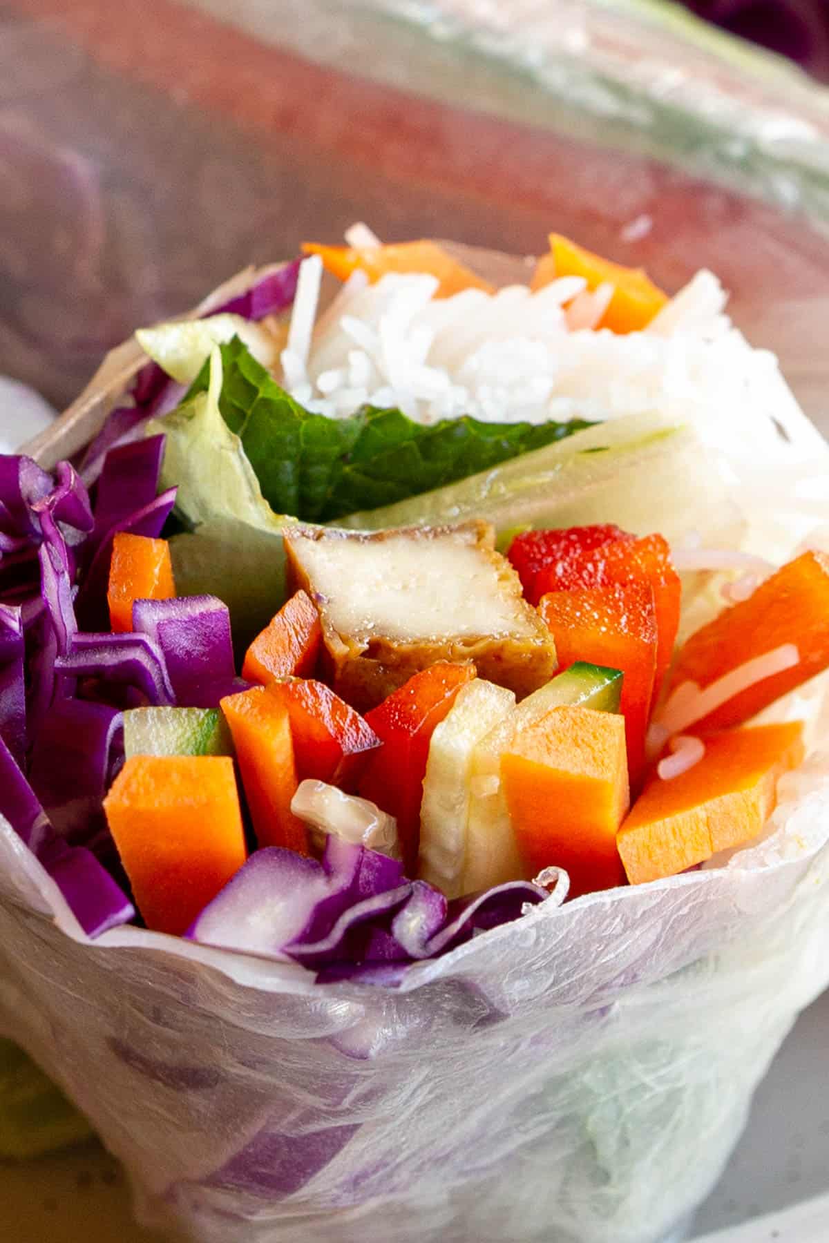 Half a rice paper roll stuffed with vegetables and tofu.