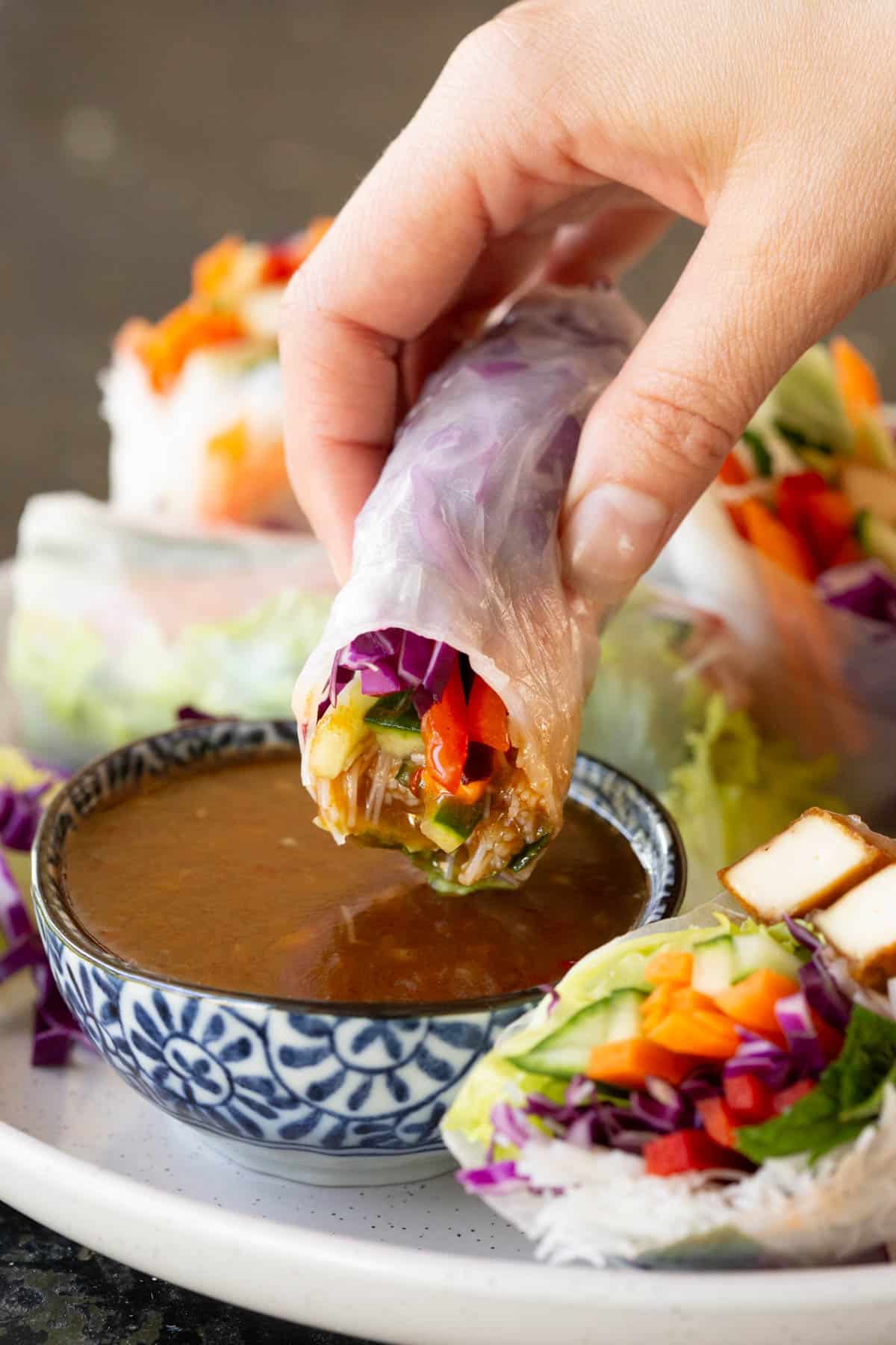 A vegetarian rice paper roll is dipped into tamarind sauce.