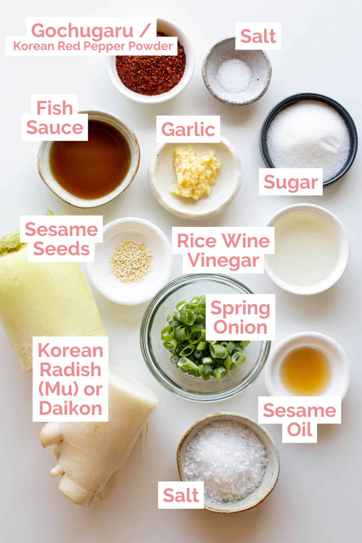 Ingredients laid out ready to make Korean radish salad.