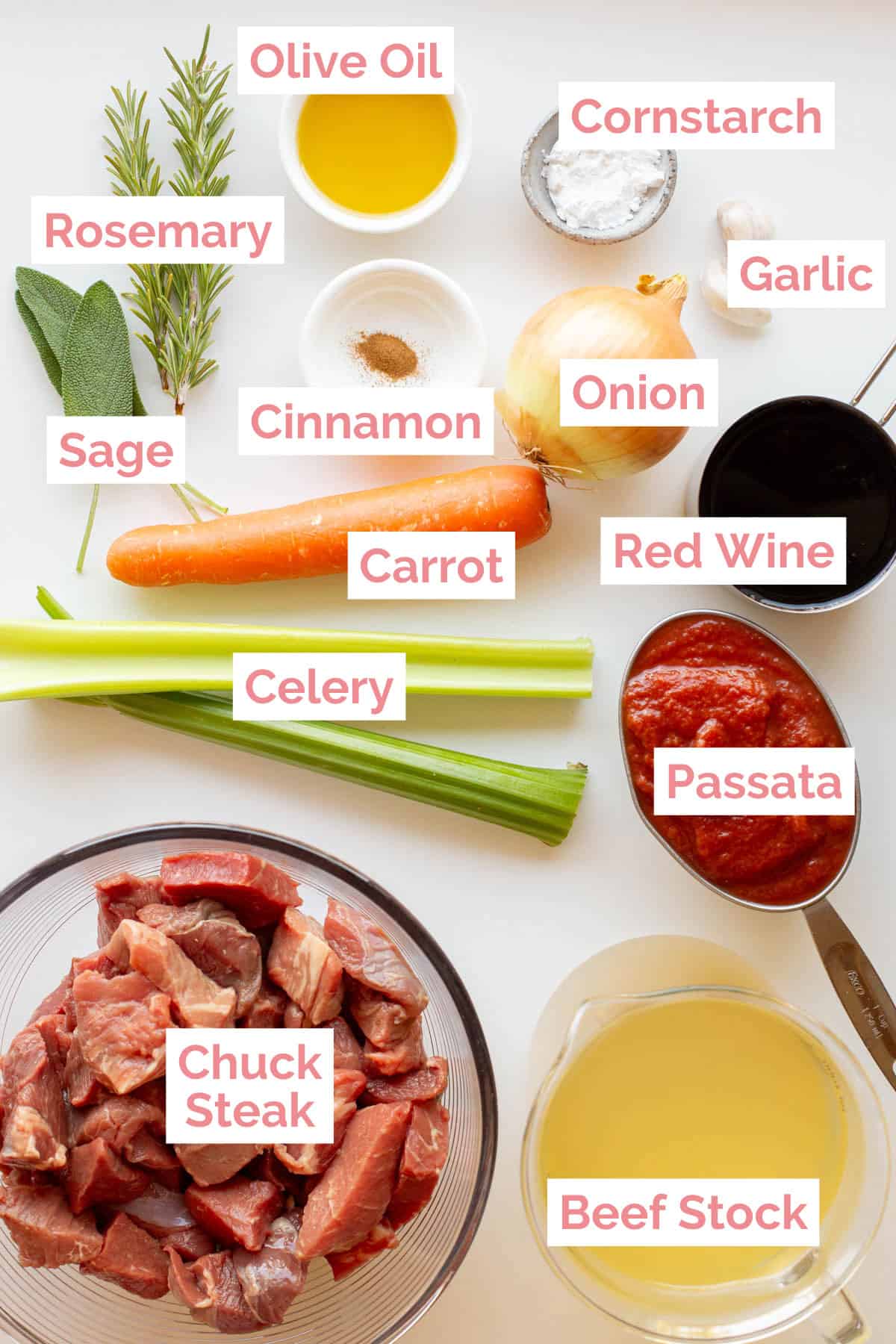 Ingredients laid out to make spezzatino di manzo.