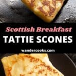 A spatula flips a tattie scone, and a stack of scones sit on a black plate.