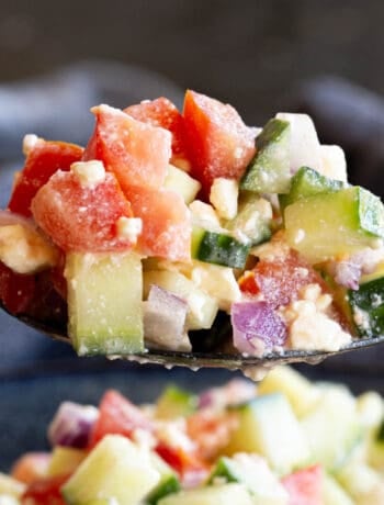 A dark spoon holds a combination of chopped onion, tomato, cucumber and feta in chopped pieces.