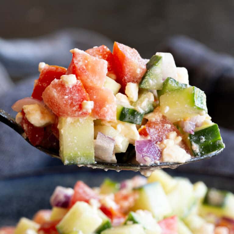 A dark spoon holds a combination of chopped onion, tomato, cucumber and feta in chopped pieces.