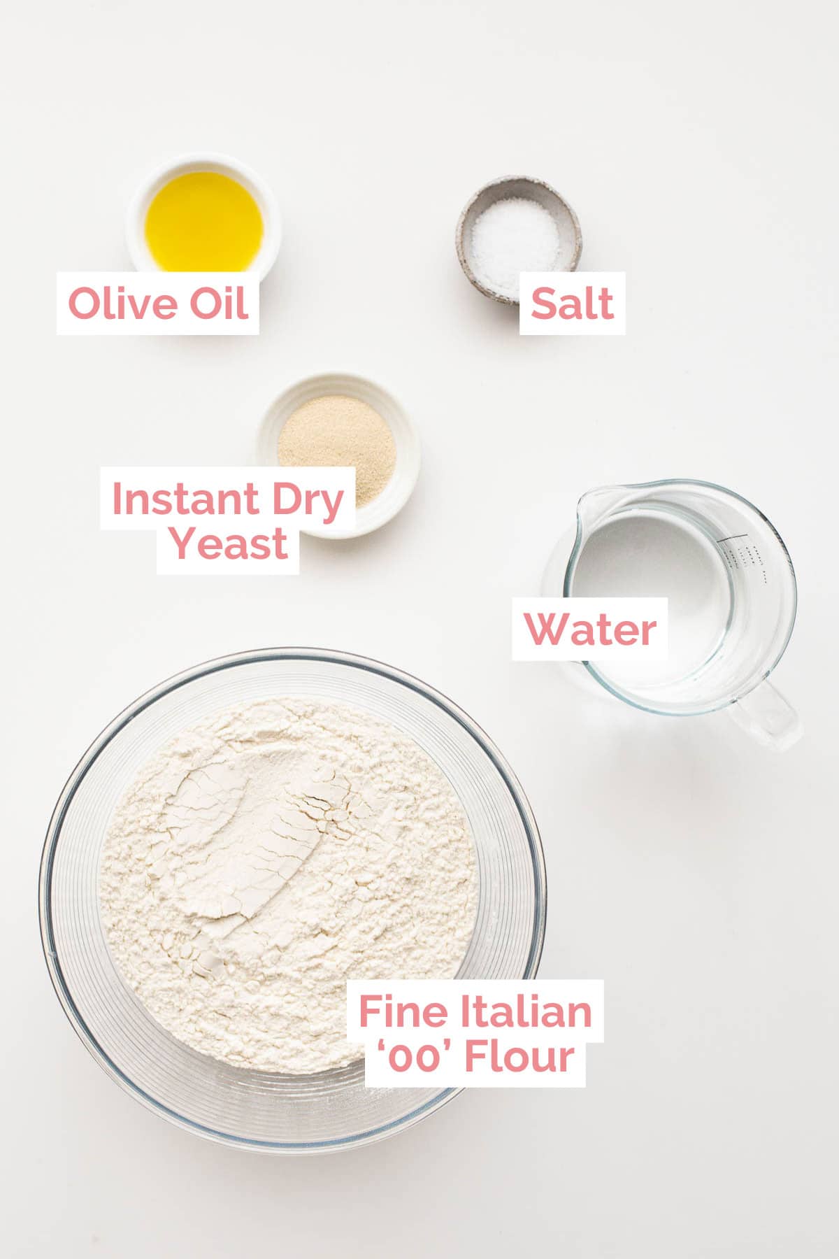 Ingredients laid out to make no-knead pizza.