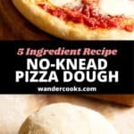 A margherita pizza and a fresh ball of no-knead pizza dough.