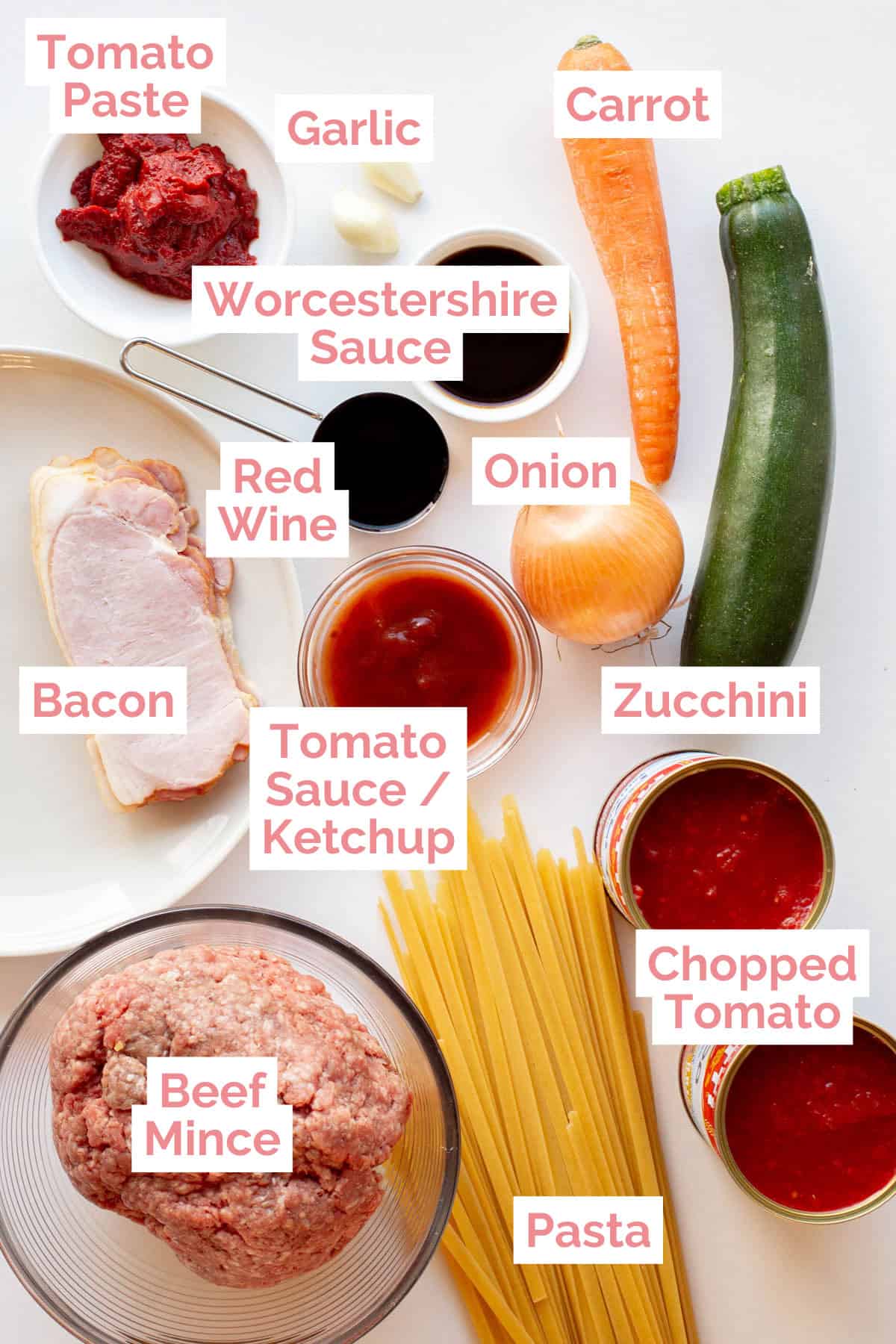 Ingredients laid out to make weeknight bolognese.